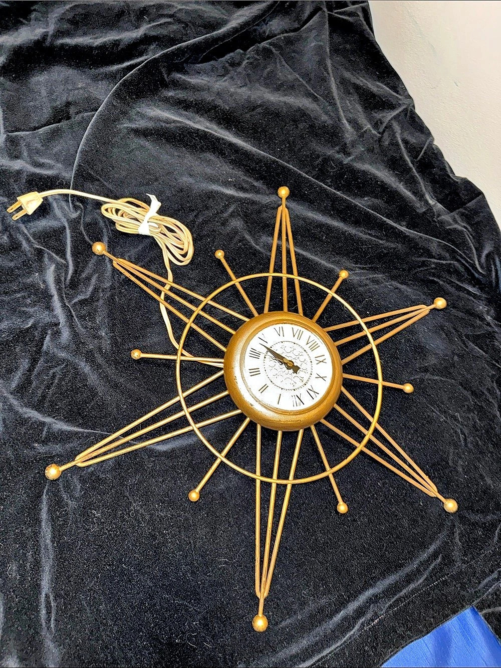 1960s Lanshire T4 Atomic Starburst Wall Clock Gold & Black mid century